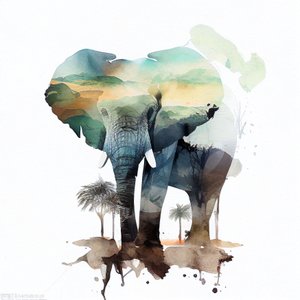 Pintura de elefante em aguarela, Savana africana , impressões murais quadradas