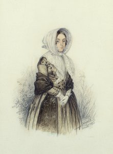 Retrato de uma jovem em um gorro com luvas brancas, 1840 (wc e lápis sobre papel)