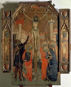 A Crucificação, parte superior do painel central do grande retábulo da Almudaina, concluído em 1358 (tempera no painel) de F. Bassa and R. Destorrents