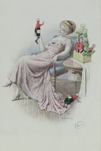 Cartão postal representando uma mulher com garrafas de champanhe com a forma de homem, c.1900 (cor litho) de F. Kuderna