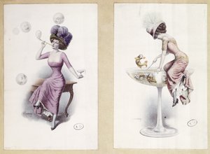 Cartões postais representando uma mulher soprando bolhas e pescando em uma taça de champanhe, c.1900 (lito colorido) de F. Kuderna
