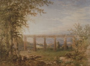 Um viaduto ferroviário de tijolos e madeira com trem a vapor, 1849 (wc on paper) (par para 3247622)