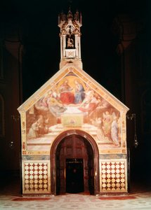 Exterior da capela Porziuncola com um afresco mostrando São Francisco recebendo o Perdão de Assis (por Friedrich Overbeck), 1829; Interior de Santa Maria degli Angeli (reconstruído por Luigi de F and Poletti Overbeck