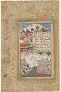 Um Babur Bêbado Volta ao Acampamento da Noite, c.1589 (aguarela opaca e ouro sobre papel)