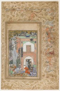 Babur Entretém no Palácio Sultan Ibrahim Lodis, folio separado de uma cópia dispersa de Baburnama (Tuzuk-i Baburi) por Zahir-al-Din Muhammad Babur, c.1585 (wc, tinta e ouro no papel)