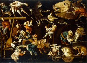 Animais imaginários e anões lutando, bebendo e festejando de Faustino Bocchi or Boccasi