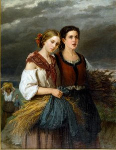 O regresso dos campos Dois jovens camponeses com espigas de trigo nos aventais ficam juntos. Pintura de Federica Giuliano Gervasoni (1838-1915) 1863 Sol. 135x105 cm Genes Nervi, Galleria d