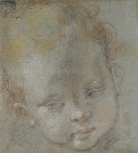 Recto: Cabeça de uma Criança (giz preto, vermelho, branco, rosa e amarelo em papel cinza-azulado) de Federico Barocci