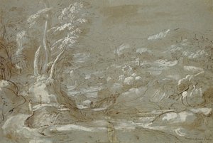 Paisagem (caneta e tinta em papel com realce branco)