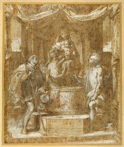 A Virgem e o Menino entronizados sob um dossel, com Sts Roch e Sebastian (caneta e tinta marrom com lavagem e altura marrom) de Federico Fiori Barocci or Baroccio