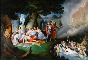 Renaud no jardim de Armide Ilustração de uma cena de "A Jerusalém delivree" (La gerusalemme liberata) de Torquato Tasso (conhecida como a Caneca). O encantador Armide rodeado por um seduto muito simbólico Amours com a ajuda do seu espelho mágico o cavaleir de Federico Peschiera