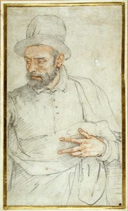 Um homem barbudo, meio comprimento, de pé, vestido para a rua (gizes coloridos sobre papel) de Federico Zuccaro