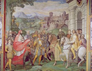 Charles V (1500-58) com Alessandro Farnese (1546-92) em Worms, da &39;Sala dei Fasti Farnese&39; (Salão dos Esplendores dos Farnese), 1557-66 (ver 95812) de Federico Zuccaro