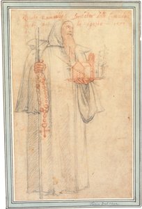 Fra Stefano, procurador dos camaldolitas em Vallombrosa, como São Romualdo, segurando um modelo de igreja e um rosário, 1577 de Federico Zuccaro