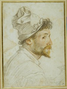 Cabeça e ombros de um homem barbudo com um boné (gizes pretos, vermelhos e castanhos sobre papel branco) de Federico Zuccaro