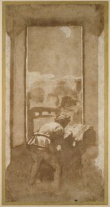 Homem de desenho pelo luar da janela de uma casa (caneta & tinta com lavagem no papel)
