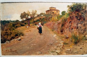 Agricultor na rua, ca 1900, por Federico Andreotti (1847-1930), óleo a bordo, 9x15 cm, Itália