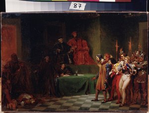 Les mosaistes devant le conseil des Trois a Venise (Itália) (artistas de mosaico perante o conselho de três em Veneza). Peinture de Feodor Andreyevich Bronnikov (1827-1902). Huile sur toile, avant 1886, 25,5 x 37,5 cm, art russe. Museu de Arte Estatal A.Ra de Fedor Andreevich Bronnikov