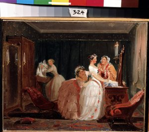 A preparação do casamento. Uma jovem rapariga de classe média em vestido de noiva a preparar-se para a cerimónia de casamento. Trabalho de Feodor Andreyevich Bronnikov (1827-1902). Óleo sobre papel, 26 x 33 cm de Fedor Andreevich Bronnikov