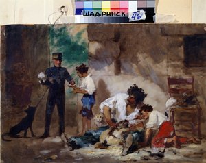 Toiletteurs de chiens a Naples (Itália) (Toiletteurs de chiens a Naples). Oeuvre de Feodor Andreyevich Bronnikov (1827-1902). Huile sur carton, 33 x 50 cm, art russe. Museu de Estudos Regionais, Chadrinsk (Russie).