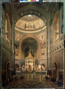 Vista interior da Catedral de Cristo Salvador em Moscou. (Vista Interior da Catedral de Cristo Salvador em Moscou) - Construída entre 1839 e 1883, pelo arquiteto Constantin Thon (Ton) - Descrição da arquitetura e decoração - Pintura de Fedor Andreevich Klages