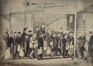 Cópia fotográfica de um desenho de Charles Wirgman com o título, 3 Itchiboos para o dólar ou dia de Felice Beato