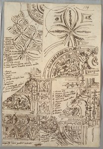Estudos Decorativos de Tetos com Grotesco; Estudos de Monumento com Selo Papal, Sisto V de Felice Giani
