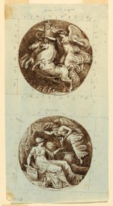 Desenho, Uma Vitória Alada Montada numa Carruagem; Uma Vitória Alada Coroando Minerva; duas rodelas, ca. 1805 de Felice Giani