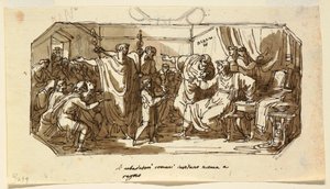 Desenho, Desenho do teto: O embaixador romano pede ao sabino Numa Pompilius para reinar sobre Roma, Sala di Numa Pompilio, Palazzo Milzetti, Faenza, 1802-05 de Felice Giani