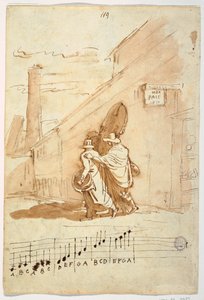 Desenho, Reto:  Três músicos em frente ao Albergo Della Pace, 1810, 1810 de Felice Giani