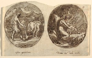 Homem, o agricultor, Diana, a deusa da caça, projeto para teto abobadado, Sala dei Legislatori, Palazzo Conti-Sinibaldi, Faenza de Felice Giani