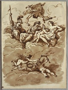 Minerva, Mercúrio, Juno e Vênus nas nuvens, estudo após Marcantonio Franceschini