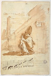 Reto: Três músicos em frente ao Albergo Della Pace, 1810 de Felice Giani