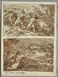 Remus Afasta e Mata os Ladrões dos Rebanhos; Santuário para os fugitivos no Campidoglio, dois estudos depois de Carracci de Felice Giani