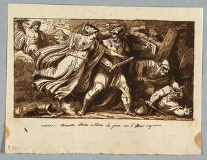 Folha de um Sketchbook: Minerva ordena que Ulysses faça as pazes com os pretendentes de Penélope (Minerva induz Ulisse alla pace con i Proci) de Felice Giani