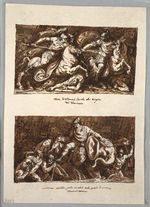Página do Sketchbook: Morte de Flaminius na Batalha de Trasimeno; Annabelle perde um olho nos pântanos de Fiano, Toscana de Felice Giani