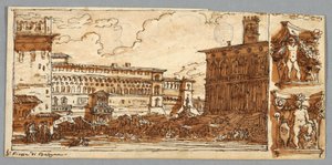 Página do Sketchbook, Folio 57: Estudo depois da Piazza Emmanuelle em Bolonha; Verso, detalhe arquitetônico de Felice Giani