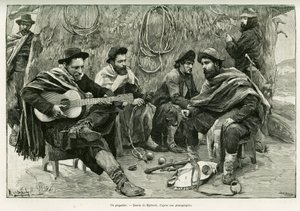 Um pagador, duelo em verso de cantores ambulantes. Gravura de Myrbach, para ilustrar a história Voyage a la Plata, em 1886, de Emile Daireaux, em le tour du monde 1888, dirigido por Edouard Charton (1807-1890), Hachette, Paris. de Felicien baron de Myrbach-Rheinfeld