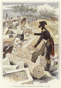 Um soldado passando uma panela para outro soldado entre as ruínas de Nicopolis de Felicien baron de Myrbach-Rheinfeld