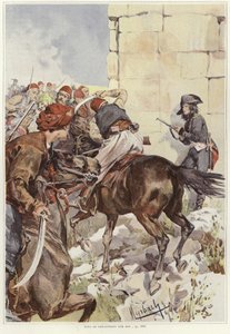 Um soldado aponta seu rifle quando ele é atacado de Felicien baron de Myrbach-Rheinfeld