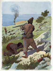 Robinson Crusoe mata os selvagens que perseguem na sexta-feira.