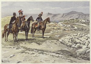 Soldados a cavalo levantando Nicopolis de Felicien baron de Myrbach-Rheinfeld