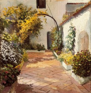 Patio de monjas (Pátio de conventos). Pintura feita em Marmolejo, na província de Jaen, em Espanha. Óleo sobre tela de Felipe Abarzuza (1871-1948), primeira metade do século XX. Museu Provincial de Cádis (Cádis).