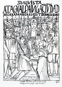 Diego de Almagro, Francisco Pizarro e Frei Vicente de Valverde ajoelhado diante de Atahualpa Inca em Cajamarca