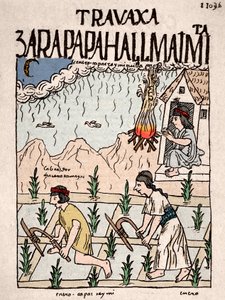 Império Inca: Um casal de índios da classe Hatun Runa trabalha a terra em janeiro - Desenho de tinta do manuscrito de Don Felipe Puma de Ayala "Nueva coronica y buen gobierno" ilustrando a vida dos Incas - século 16 (Um casal de índios da runa Hatun