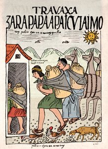 Império Inca: Camponeses incas trabalhando no campo em julho - Desenho de tinta do manuscrito de Don Felipe Puma de Ayala "Nueva coronica y buen gobierno" ilustrando a vida dos incas, cerca de 1587 Lima, Museo Nacional de Antropologia, Arqueologia e Histor