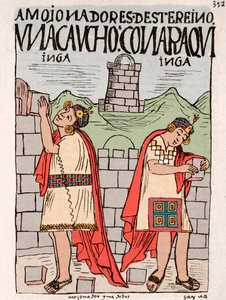 Império Inca: sótãos de edifícios incas, edifícios públicos e religiosos - Desenho de tinta do manuscrito "Nueva coronica y buen gobierno" de Don Felipe Puma de Ayala ilustrando a vida dos incas, cerca de 1587 Lima, Museo Nacional de Antropologia, Arqueo