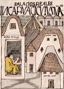 Império Inca: Templos e Palácios em Cuzco, Peru - Desenho com tinta do manuscrito "Nueva coronica y buen gobierno" de Don Felipe Puma de Ayala ilustrando a vida dos Incas, cerca de 1587 Lima, Museo Nacional de Antropologia, Arqueologia e Historia de de Felipe Huaman Poma de Ayala