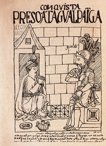 Imperador Inca Atahualpa, prisioneiro dos Conquistadores em Cajamarca (Desenho a tinta