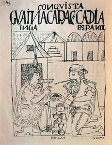 Inca de Cuzco e conquistador inglês recebendo presentes em troca da liberdade do imperador inca Atahualpa (Desenho a tinta de Felipe Huaman Poma de Ayala